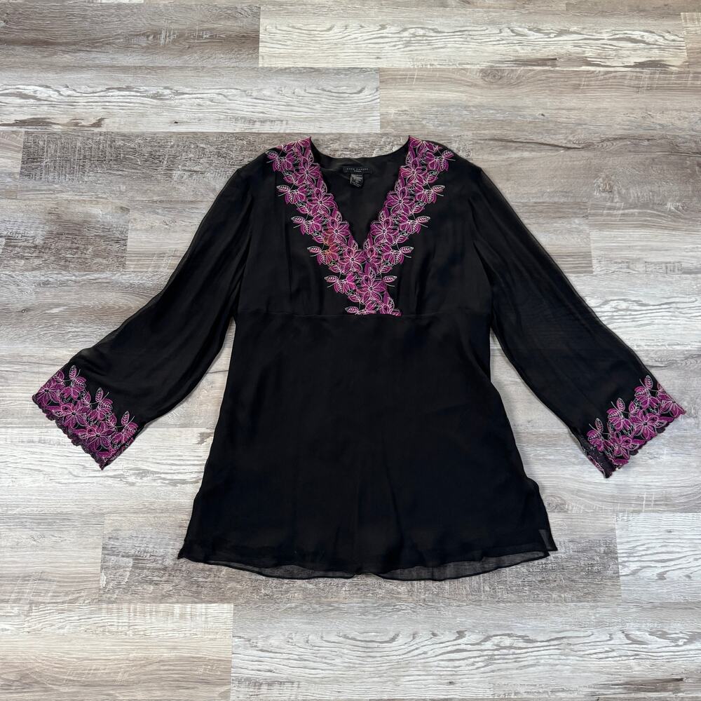 Vintage Y2K Silk Embroidered Tunic Blouse Whimsigoth Fairy Grunge Bell Sleeve 2X